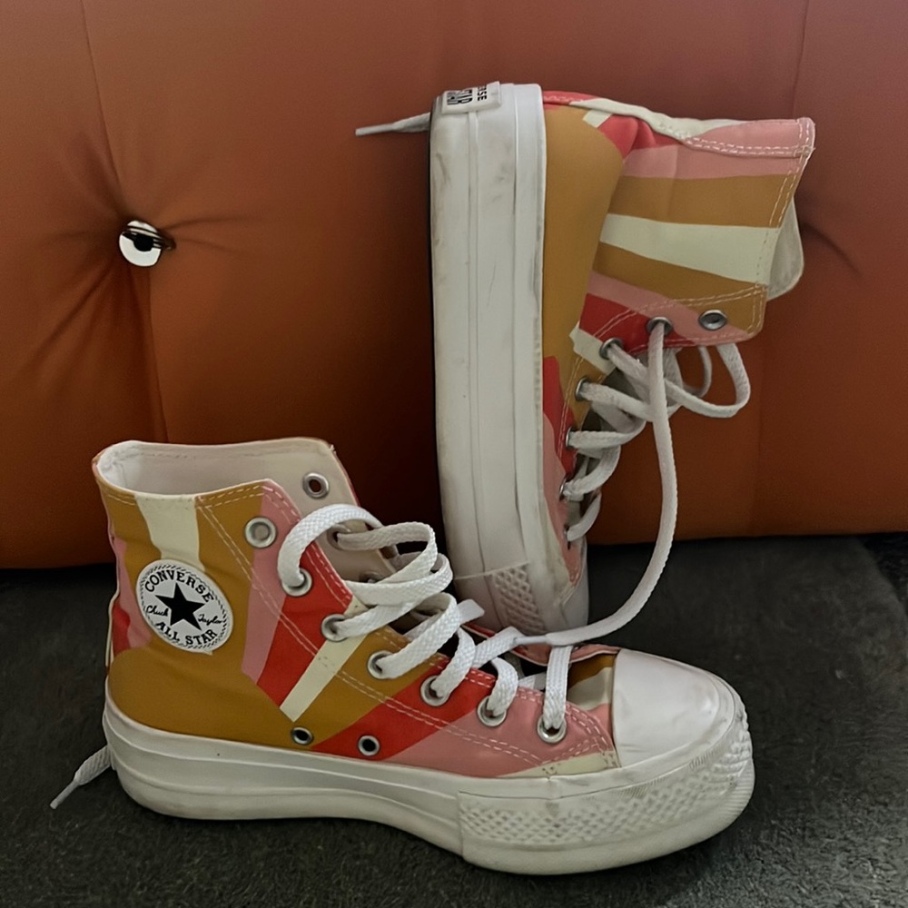 Platform Hightop Converse with Sun Pattern in Pink and Orange